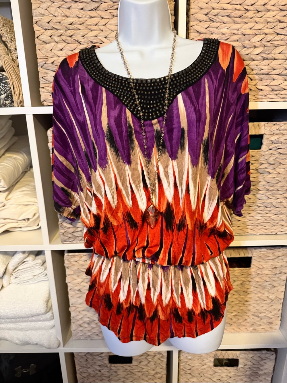 Women's Purple and Orange Printed Blouson Top